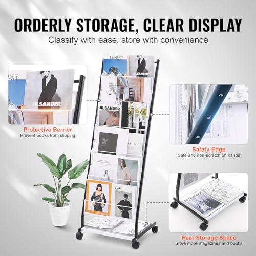 6-Tier Floor Standing Magazine Display Rack with 4 Wheels, 6 Pockets E7649