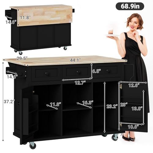 Large Kitchen Island On Wheels with Storage 54in Width Wood Island with Drawers Cabinet Spice Rack Towel Rack I50980