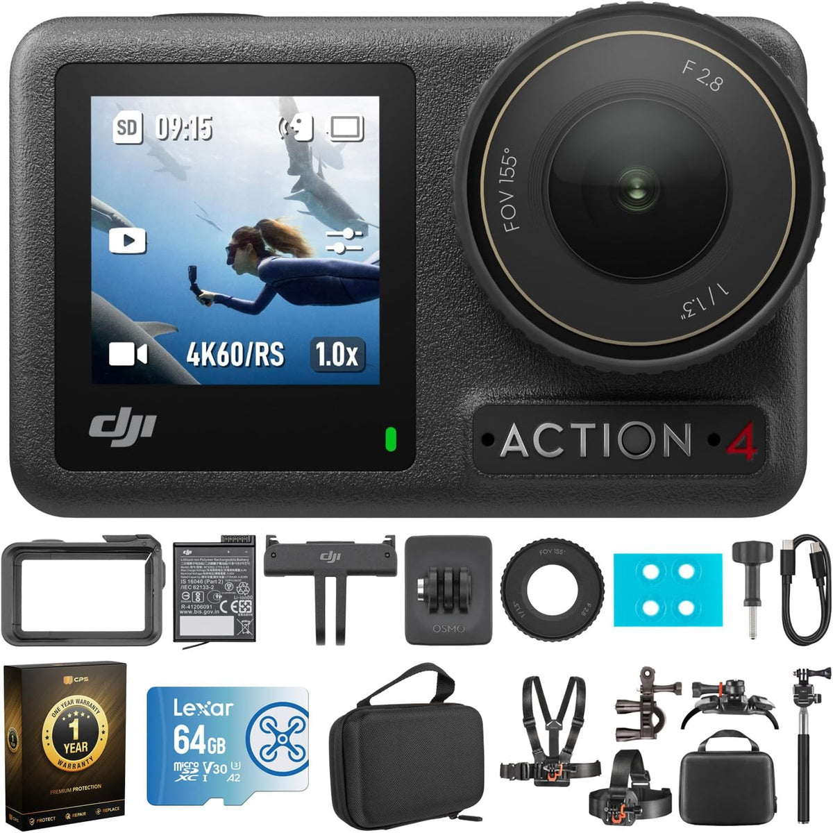 4K Waterproof Action Camera Bundle with 64GB Memory Card, Protective Case, and Accessory Kit I9079