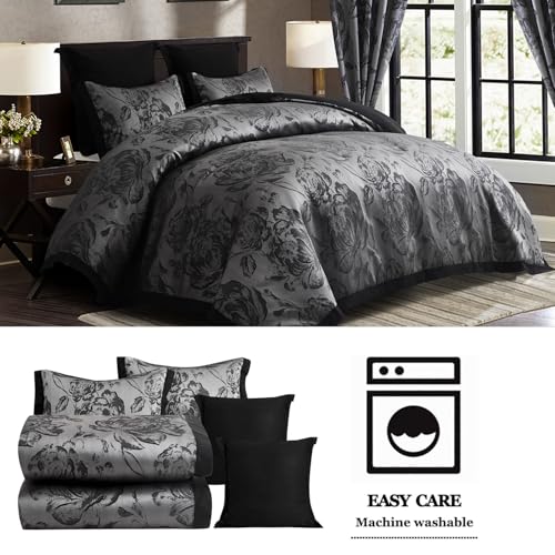 7-Piece Queen Comforter Set with Matching Curtains, Burgundy Jacquard Patchwork Bed in a Bag Bedding Set V4720