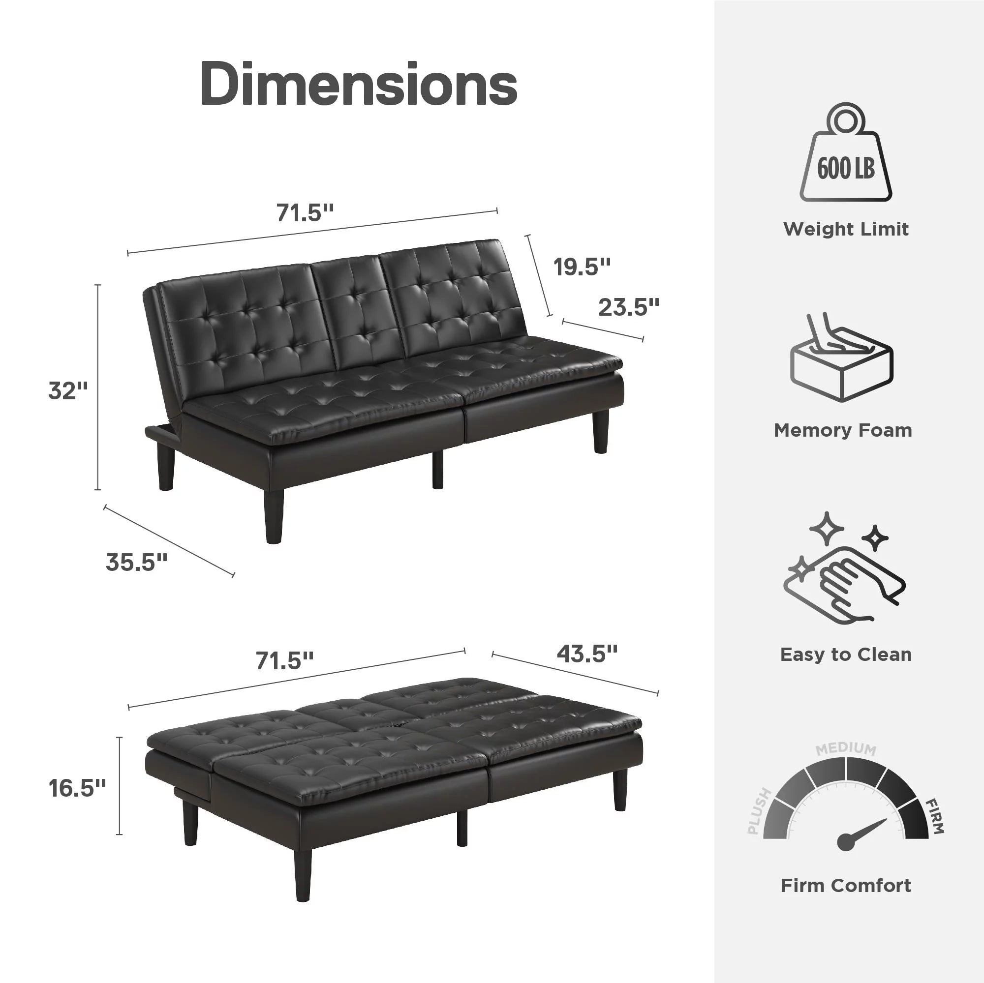 Black Faux Leather Memory Foam Futon with Cupholder and USB O2438