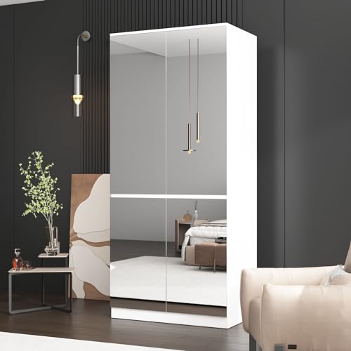 White 4 Door Mirrored Wardrobe Closet with Hanging Rod R46740