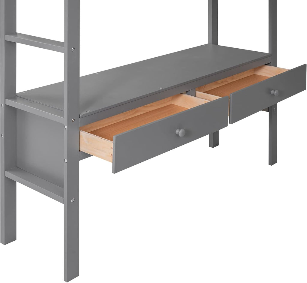 Full Size Solid Wood Loft Bed with Desk and 2 Drawers, Grey Q105