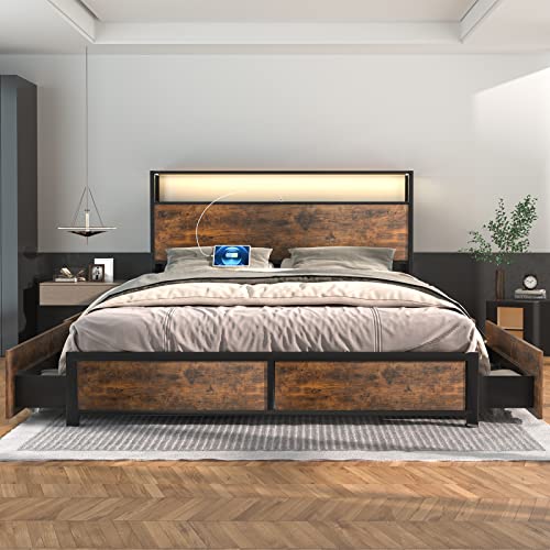 Full Size Metal Bed Frame with Storage Drawers, Rustic Brown X322