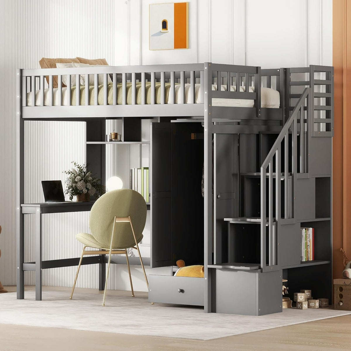 Grey Twin Size Loft Bed with Bookshelf Drawers Desk and Wardrobe MDF Pine Wood W262261