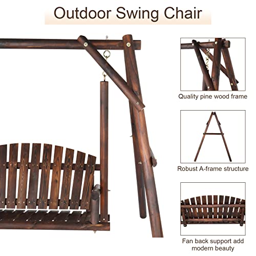 6.5' Outdoor Porch Swing Rustic Loveseat Solid Wooden Natural Log Garden Swing (Carbonized) B65676