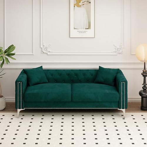 Blue Velvet 3 Seaters Sofa with Nailhead Decor and Metal Legs, 83" I30580
