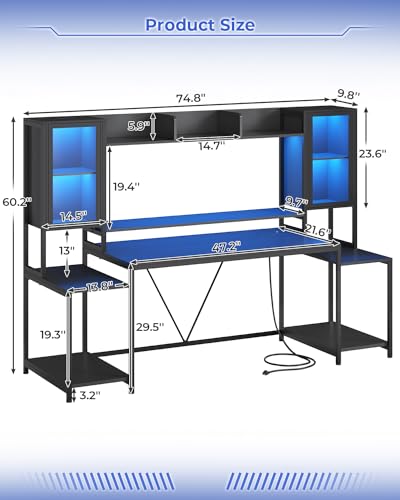 White 74.8'' Gaming Desk with LED Lights, Hutch and Storage Shelves P119