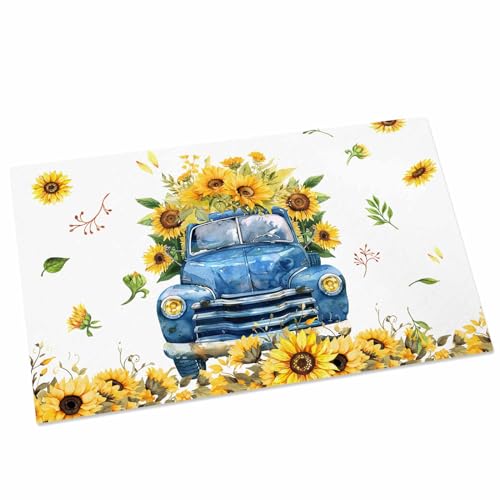 Yellow Sunflowers on Farm Truck Indoor Door Mats, Non-Slip Low Profile Entryway Rugs, Summer Floral on White, 18x30IN N96582