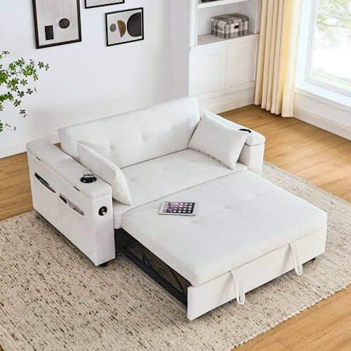White Chenille 2-Seater Convertible Sofa Bed with USB Power Outlet V797715