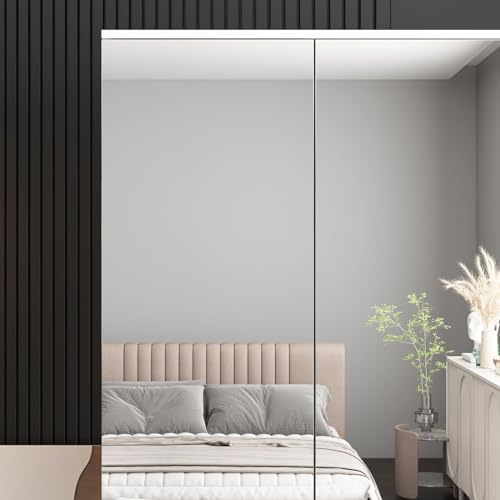 White 4 Door Mirrored Wardrobe Closet with Hanging Rod R46740