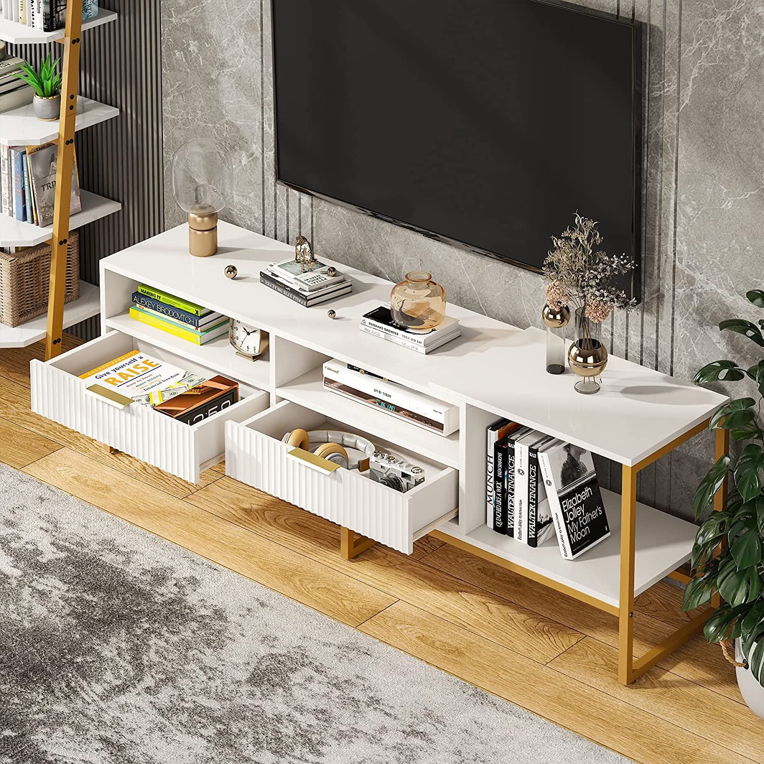 White and Gold TV Stand with 2 Drawers and Open Shelves C173