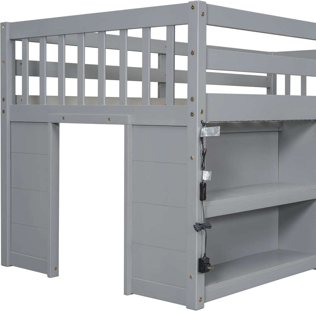 Grey LED Twin Low Loft Bed with Storage Shelves N651