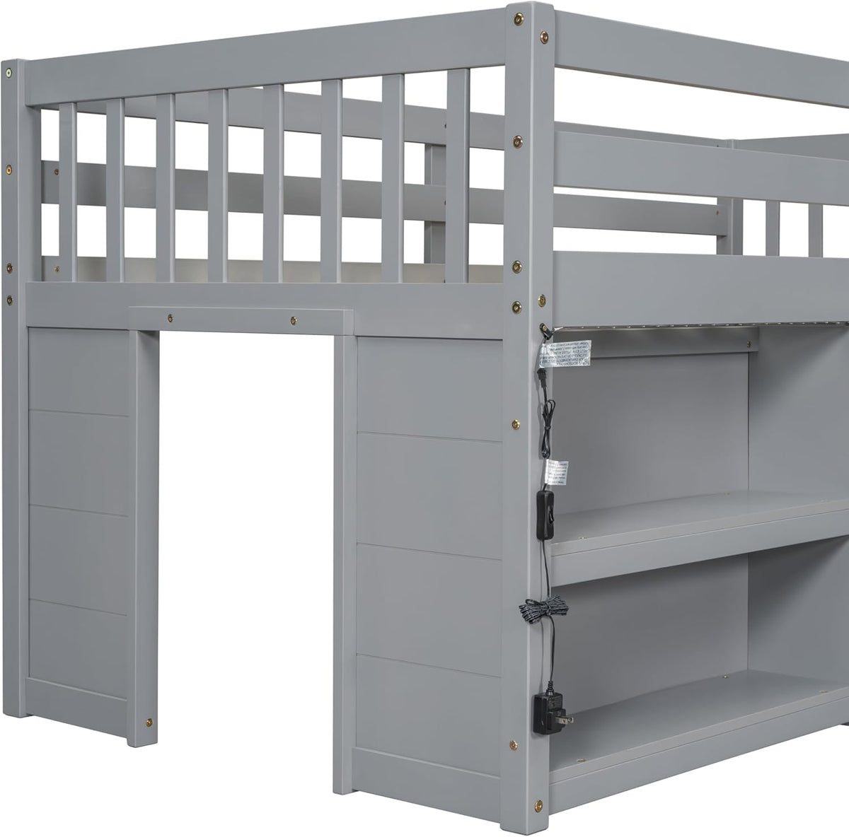 Grey LED Twin Low Loft Bed with Storage Shelves N651