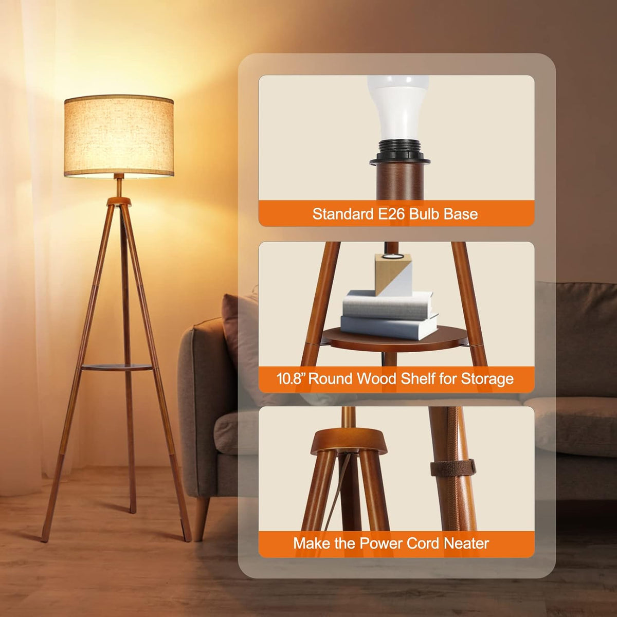 Wood Tripod Floor Lamp with Beige Linen Texture Shade I385