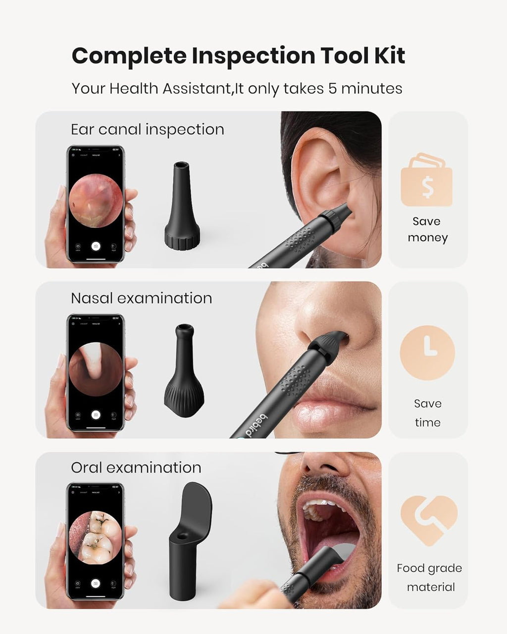 Black Ear Wax Removal Tool with Ear Camera and 10 Replacement Tips A651