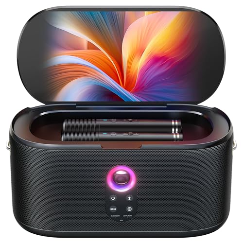 Smart Karaoke Machine with Lyrics Display, 32GB, 2 Wireless Mics, 300W Peak Power, 4 DJ Lights B568