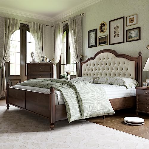 Walnut Queen Size Solid Bed Frame with Upholstered Tufted Headboard K136023