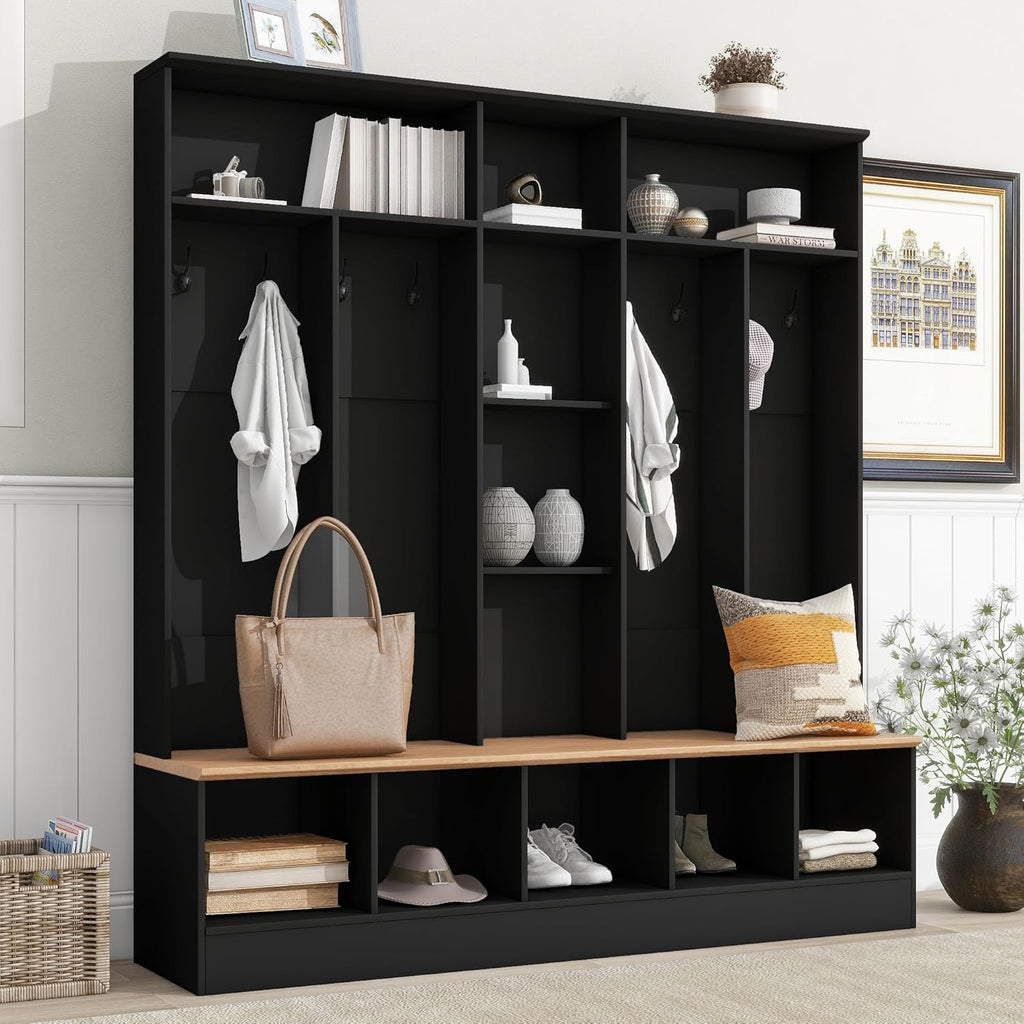 Black Hall Tree with Storage Bench and 8 Hooks I537305