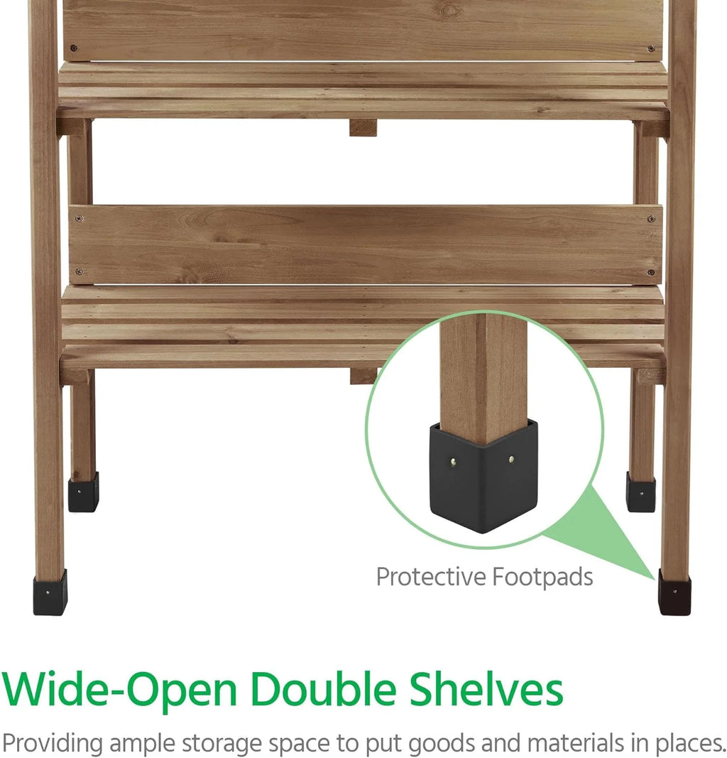 Brown Wooden Potting Bench with Metal Tabletop and Storage Shelf G62342