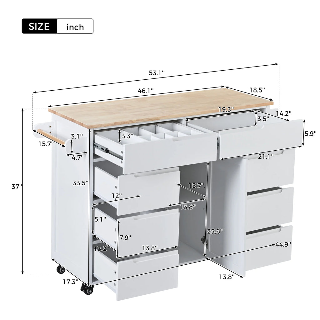 Rolling Kitchen Island with Storage, Rubber Wood Mobile Kitchen Cart with Lockable Wheels, Drawers, Shelves T324419