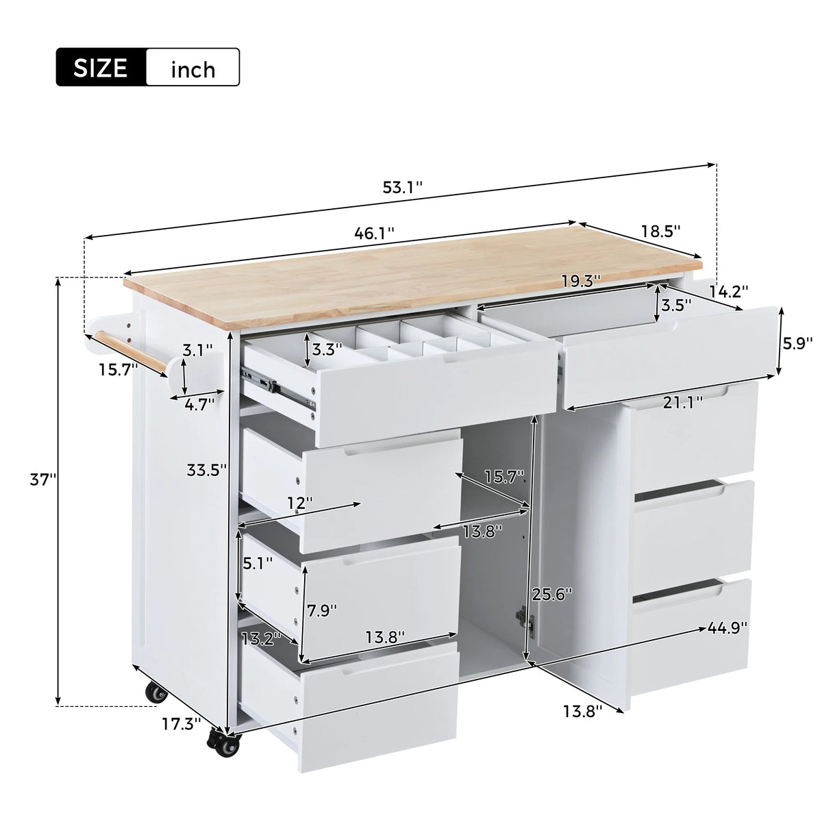 Rolling Kitchen Island with Storage, Rubber Wood Mobile Kitchen Cart with Lockable Wheels, Drawers, Shelves T324419