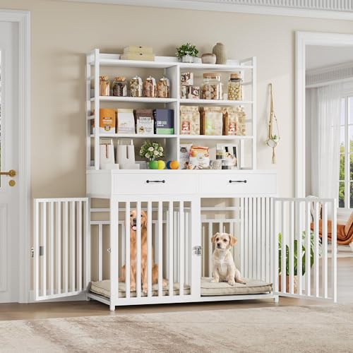 Black Wood & Metal Large Dog Crate Furniture with 4-Tier Shelves and 2 Storage Drawers T626099