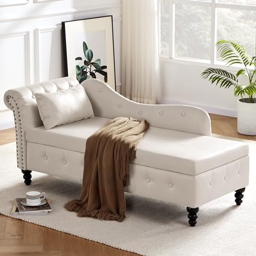 Beige Tufted Velvet Chaise Lounge with Storage W28441
