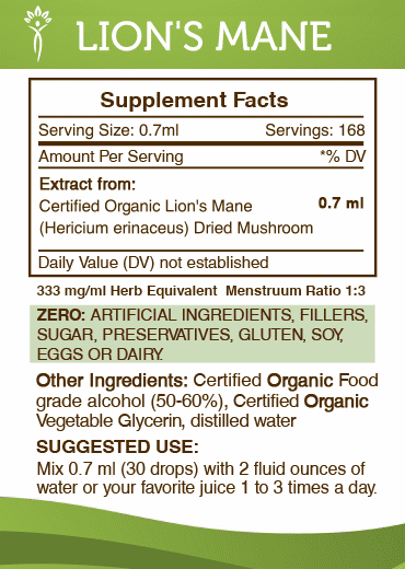 Organic Lion's Mane Dried Mushroom Alcohol Extract 2x4 oz Y818