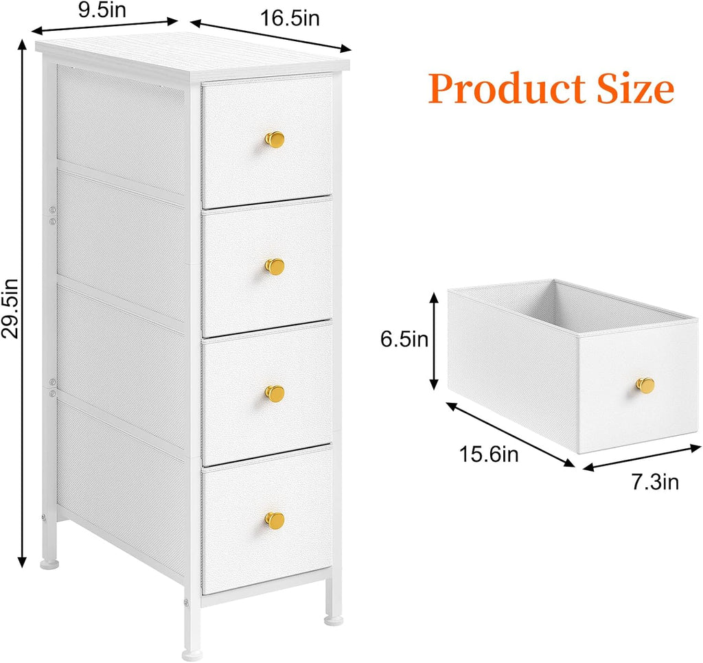 White 4 Drawer Slim Fabric Dresser with Steel Frame and Wood Top C699796
