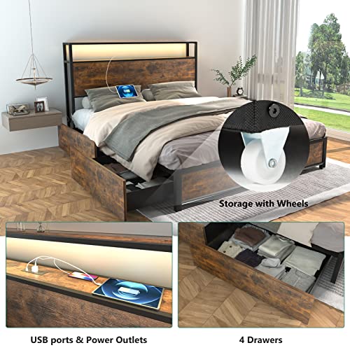 Full Size Metal Bed Frame with Storage Drawers, Rustic Brown X322