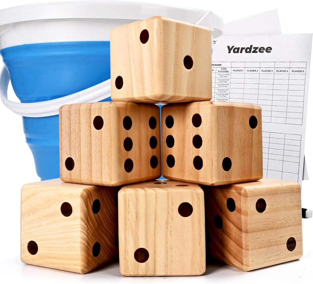 3.5" Wooden Yard Dice Set includes 6 Dice, Collapsible Bucket, Score Cards & Dry Erase Marker H263