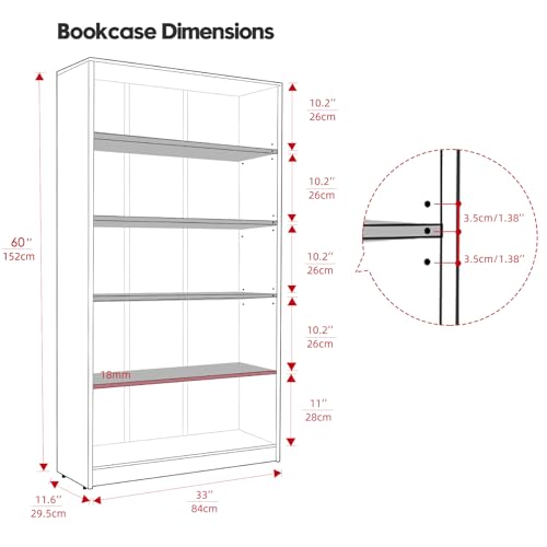 5 Shelf Wooden Bookcase, 60 Inch Height, Cherry P7194