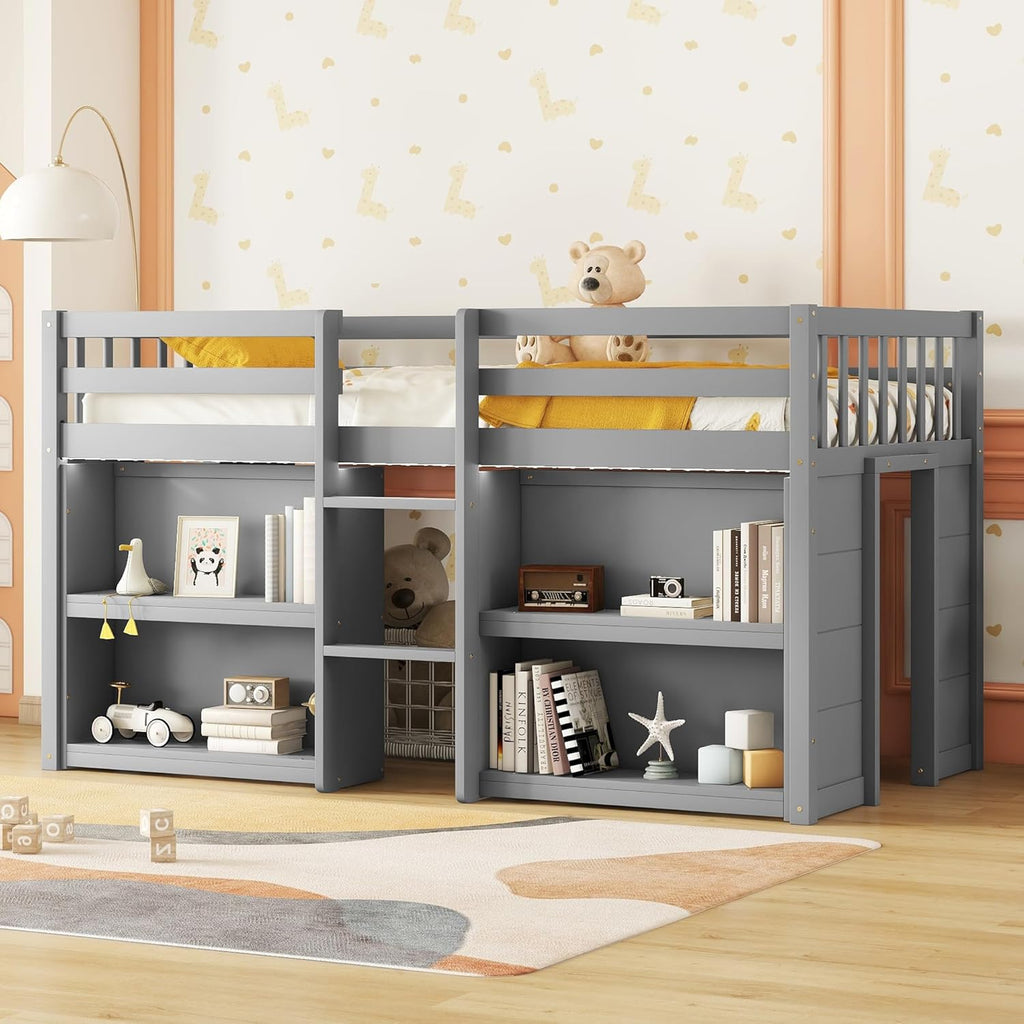 Grey LED Twin Low Loft Bed with Storage Shelves N651
