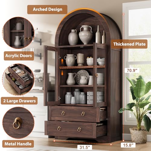 Brown Arched Bookshelf Pantry Storage Cabinet with Drawers Doors and Shelves E577703