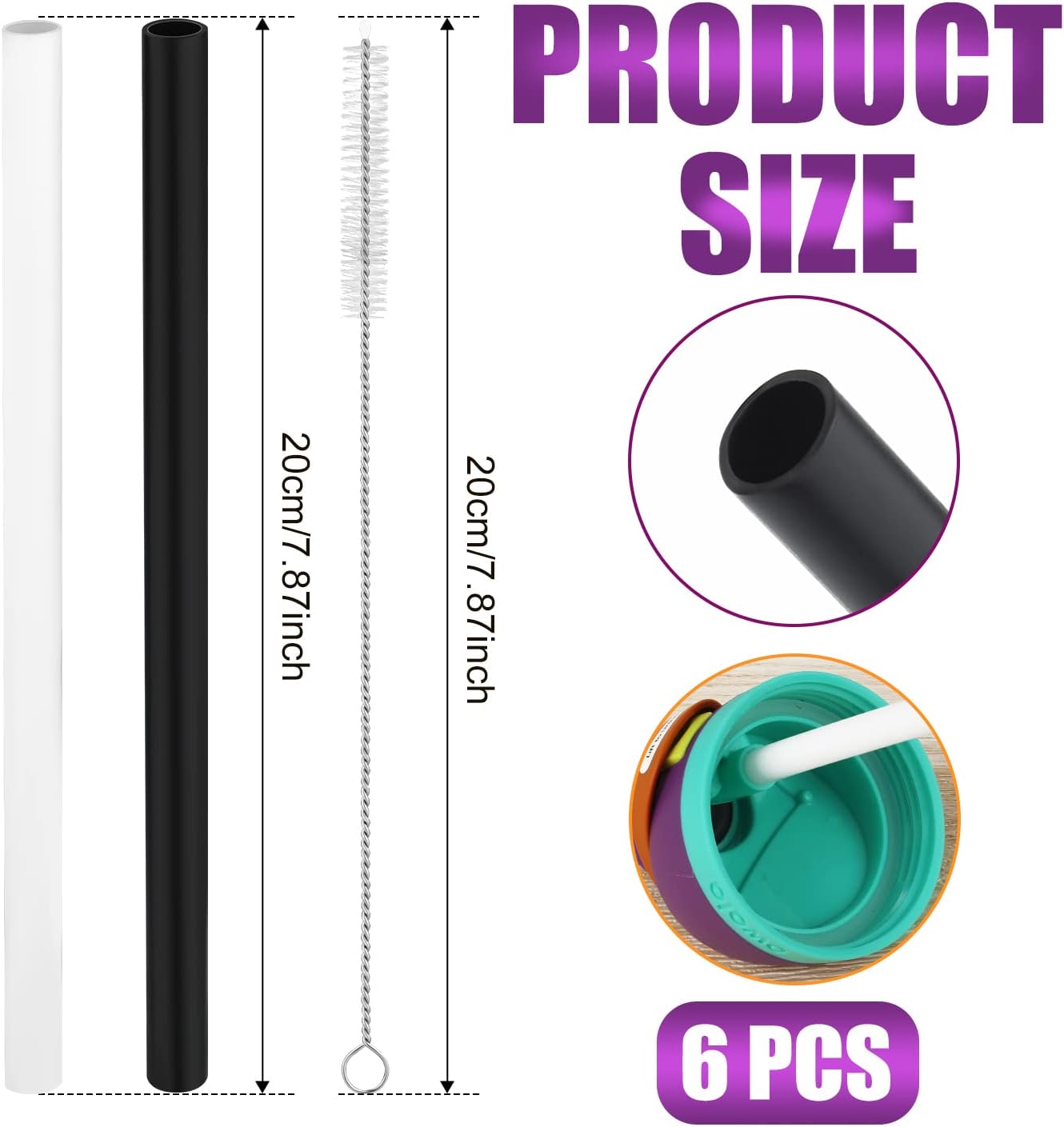 6pcs Reusable Plastic Straws with Cleaning Brush for 24 oz Water Bottle I808