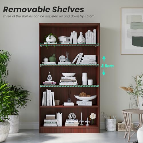 5 Shelf Wooden Bookcase, 60 Inch Height, Cherry P7194