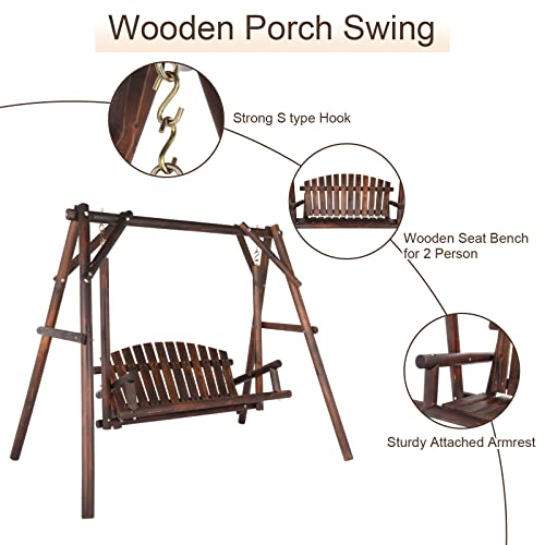 6.5' Outdoor Porch Swing Rustic Loveseat Solid Wooden Natural Log Garden Swing (Carbonized) B65676