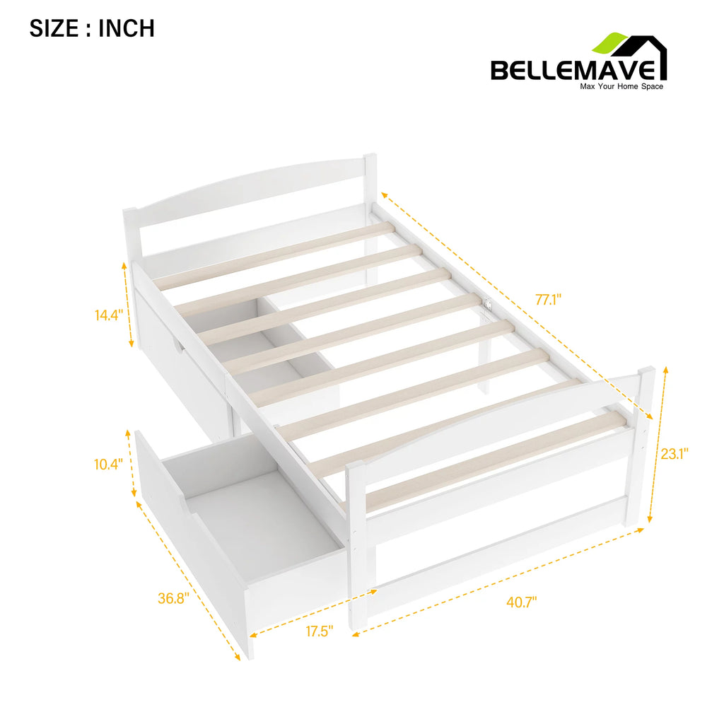 White Twin Size Platform Bed with 2 Drawers N820