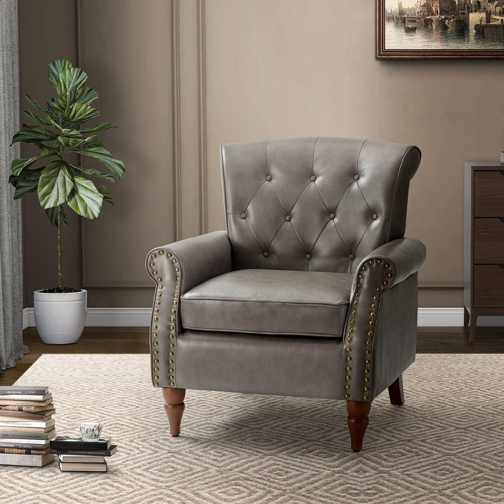 Grey Faux Leather Accent Chair with Solid Wood Legs M405