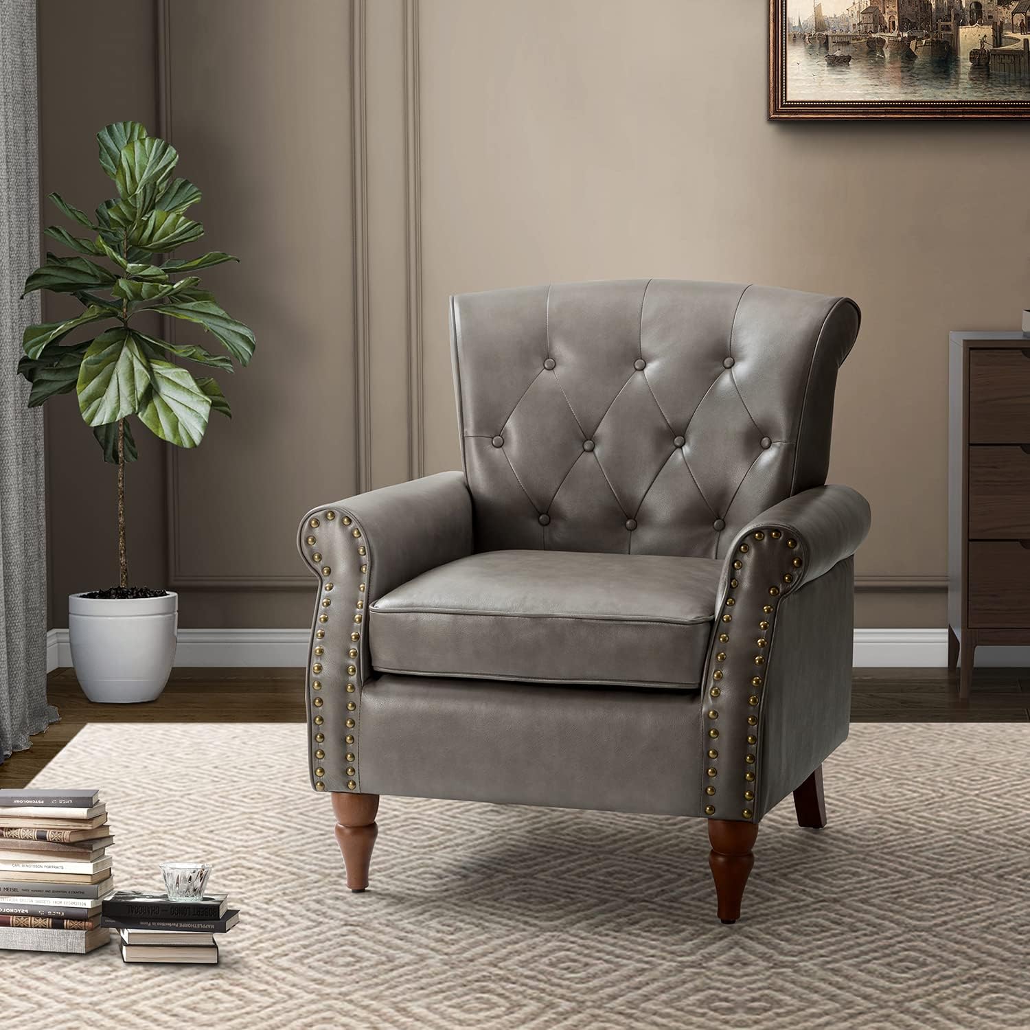 Grey Faux Leather Accent Chair with Solid Wood Legs M405
