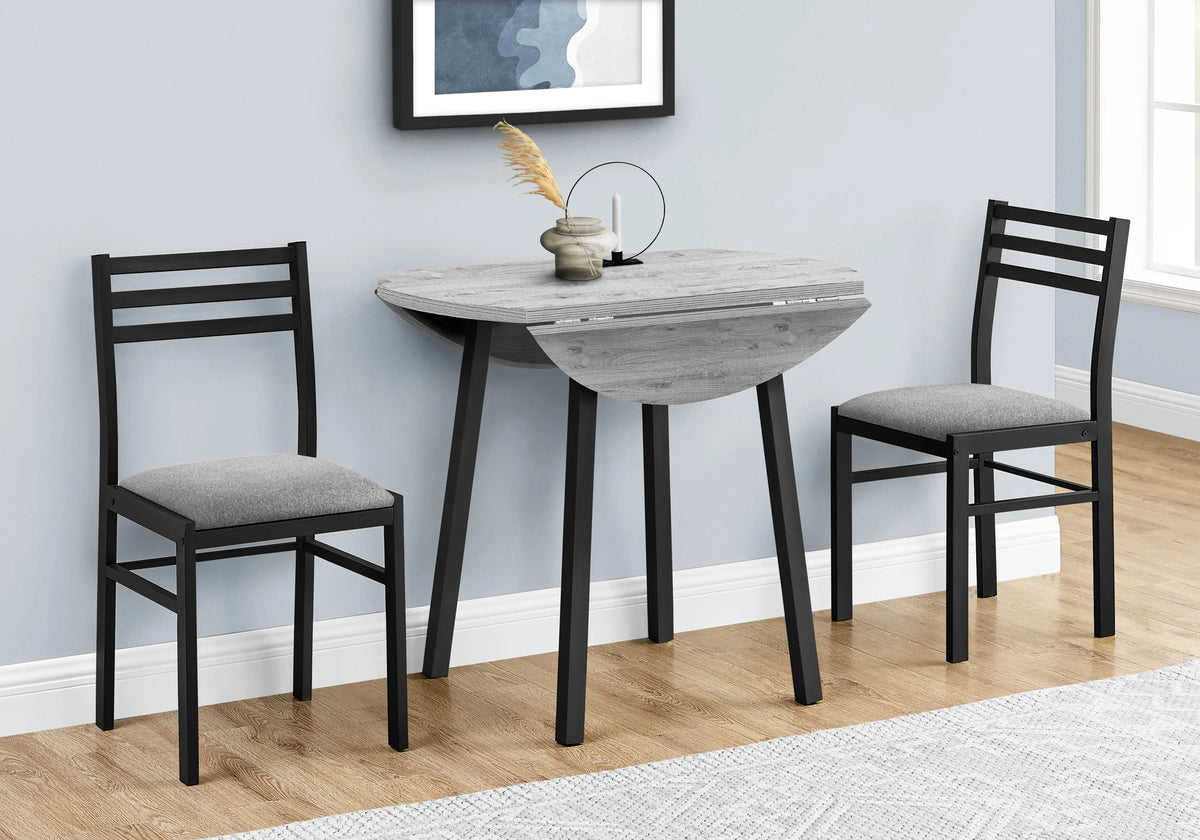Gray 3pcs Drop Leaf Dining Table Set with Black Metal W49633