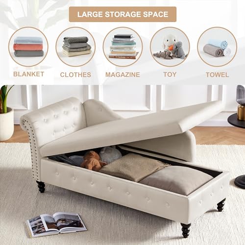 Beige Tufted Velvet Chaise Lounge with Storage W28441