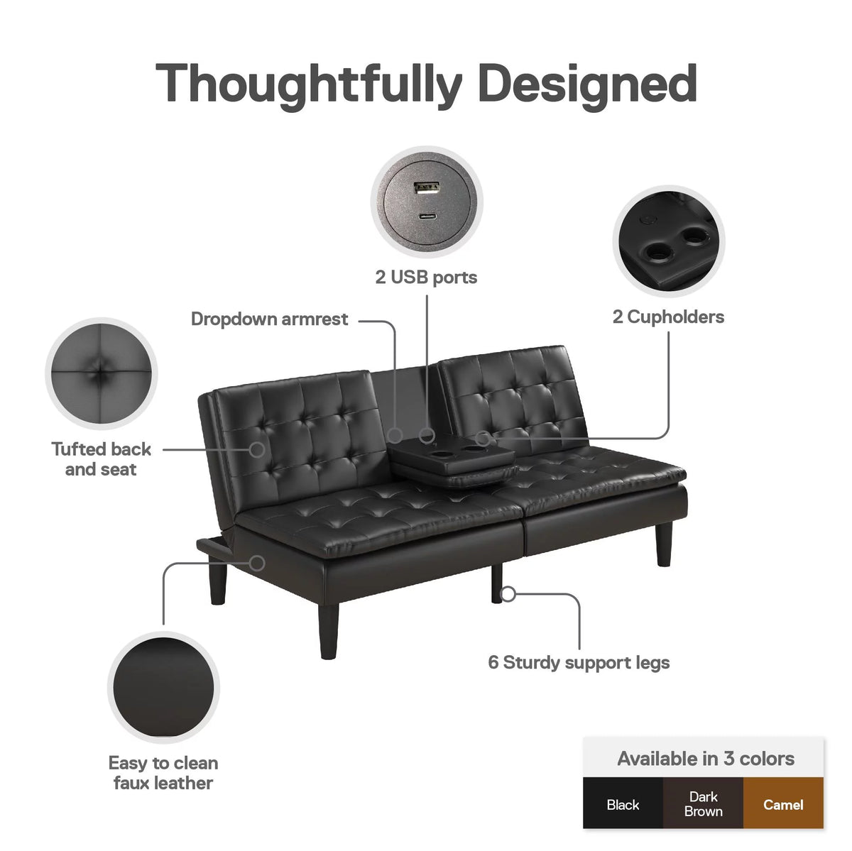 Black Faux Leather Memory Foam Futon with Cupholder and USB O2438
