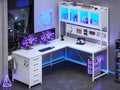 White L Shaped Gaming Desk with Drawers and Hutch S7705
