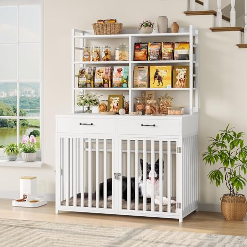 Black Wood & Metal Large Dog Crate Furniture with 4-Tier Shelves and 2 Storage Drawers T626099