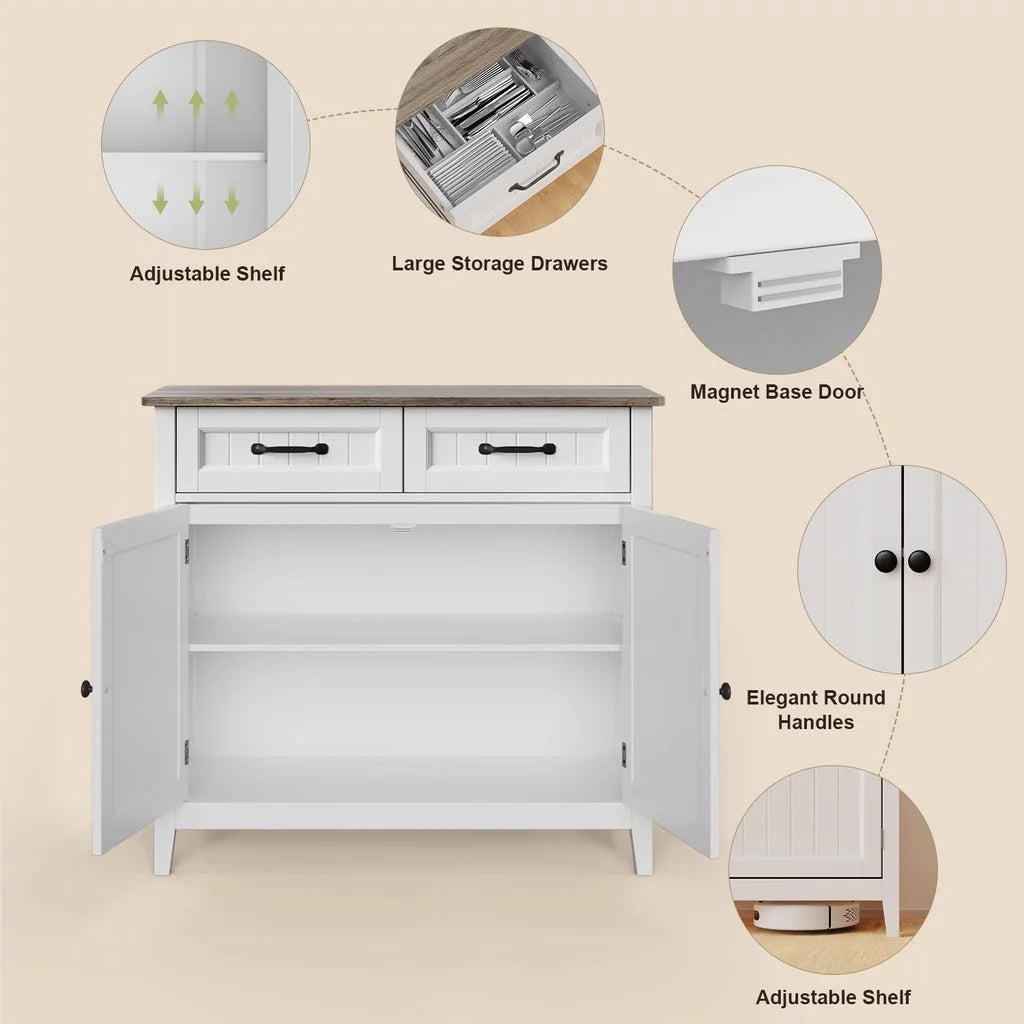 Grey Kitchen Sideboard Buffet Cabinet with Drawers and Adjustable Shelf T7107