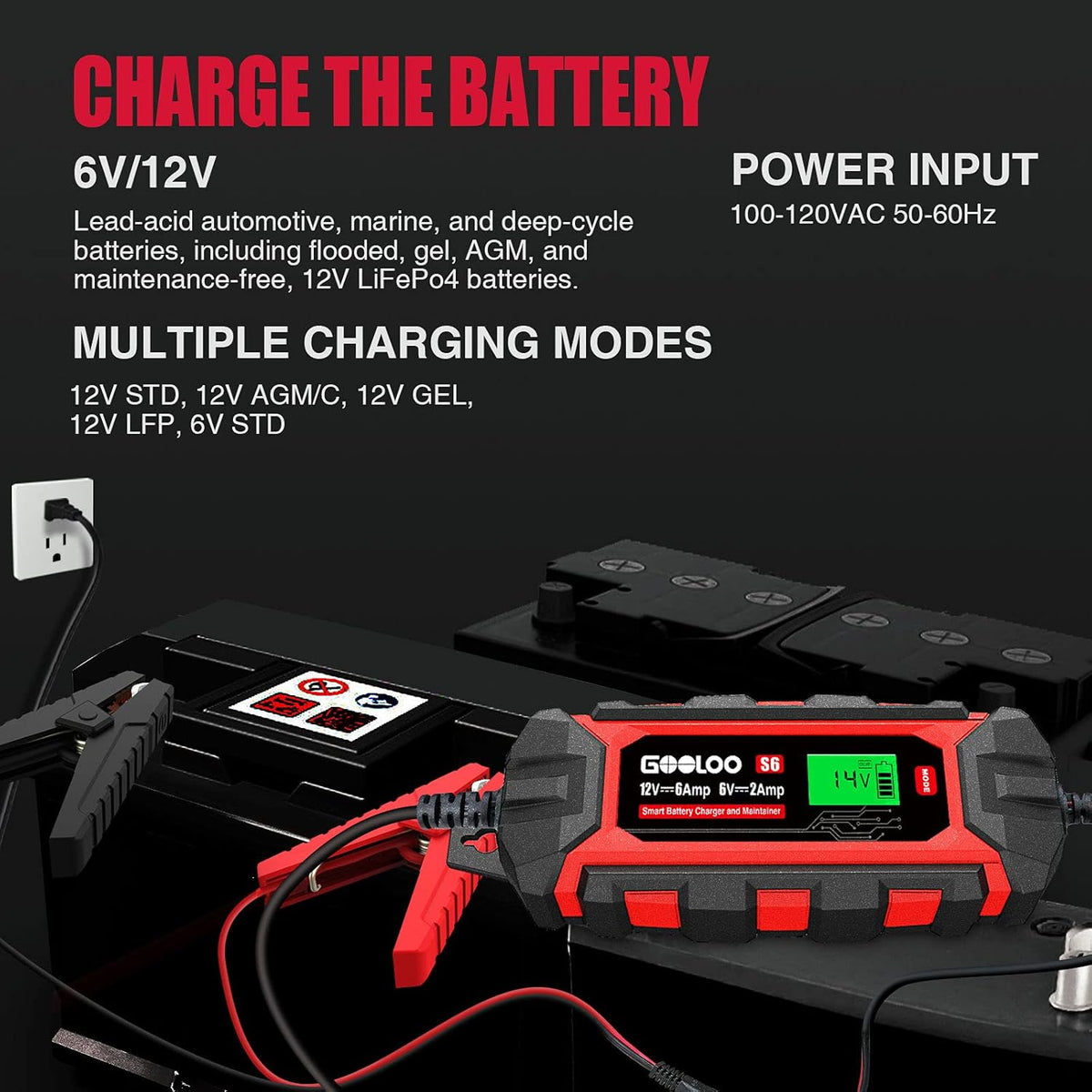 6 Amp 6V 12V Battery Charger Maintainer for Lead-Acid Battery Up to 150Ah LCD Display Pack of 2 J557597