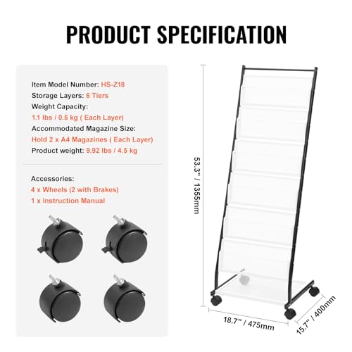 6-Tier Floor Standing Magazine Display Rack with 4 Wheels, 6 Pockets E7649