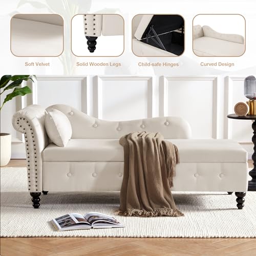 Beige Tufted Velvet Chaise Lounge with Storage W28441